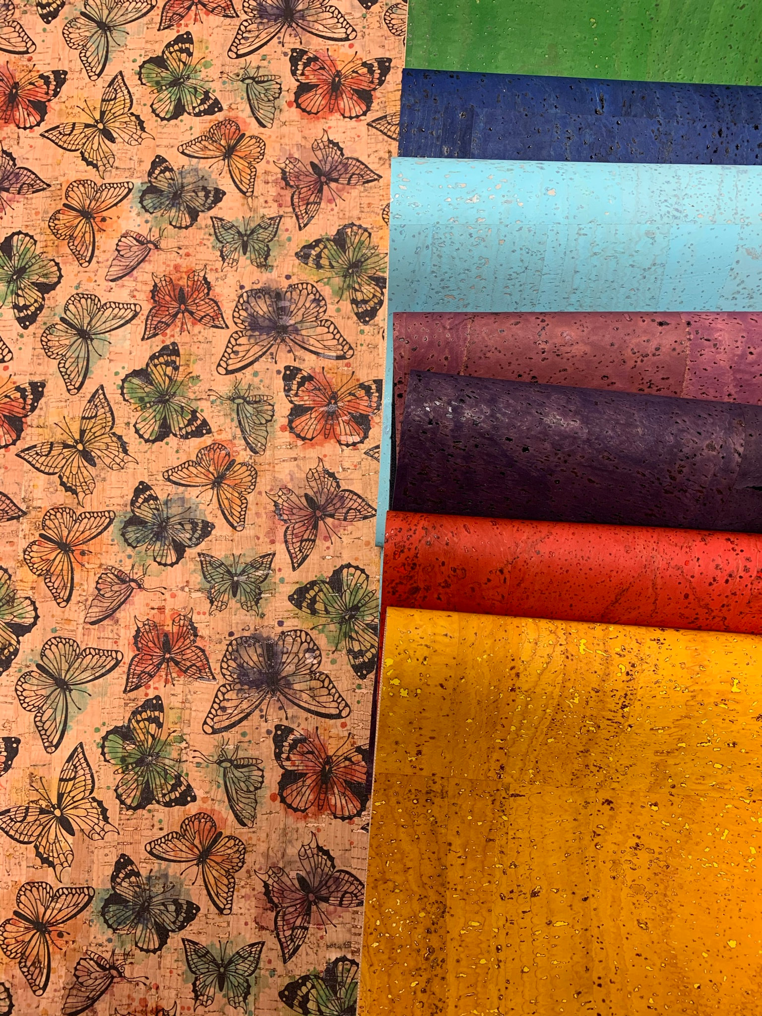 RAINBOW METALLIC PRINTS on NATURAL Cork Fabric butterfly Cork Leather floral